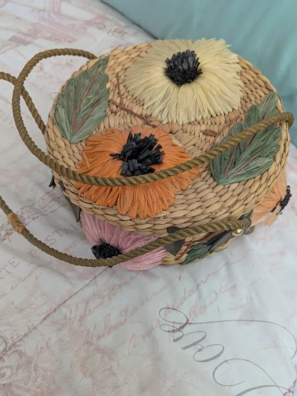 Vintage Floral Wicker And Straw Purse By Ponces Creations Philippines, 50's-60's - Picture 5 of 15